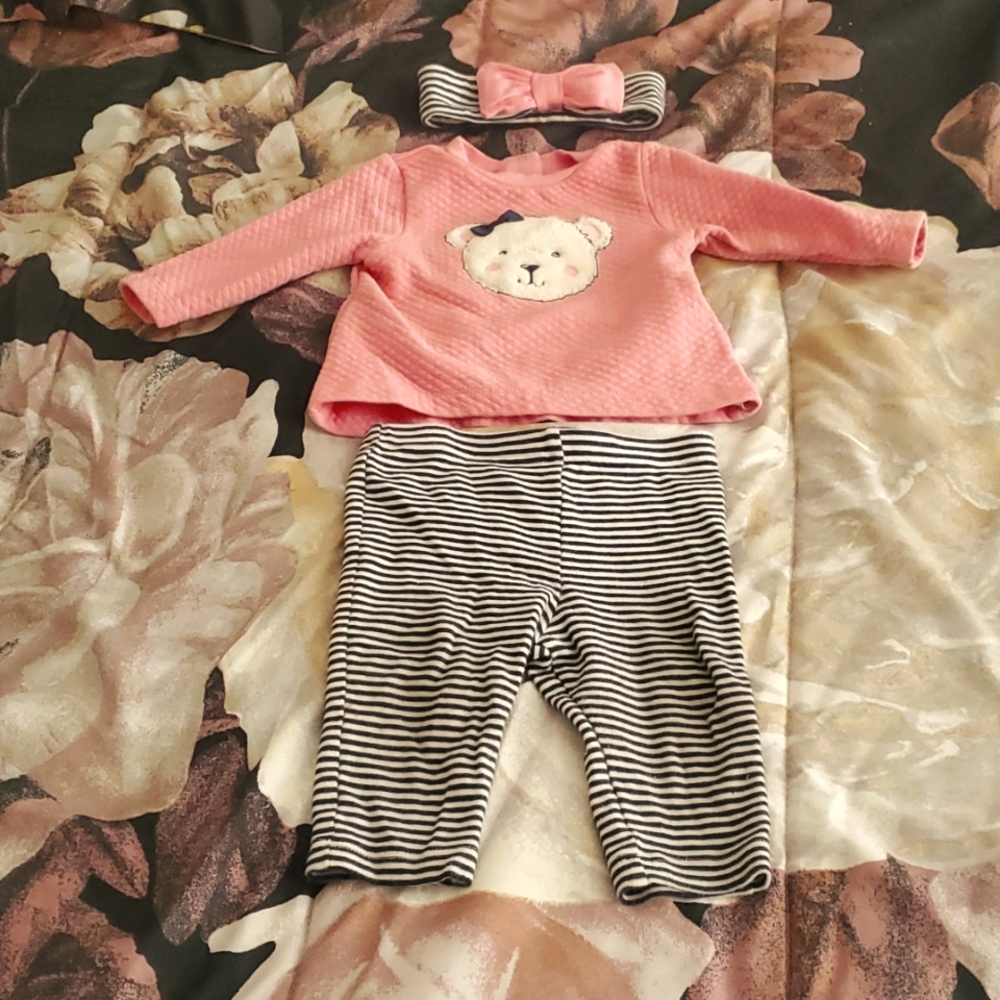 Pink long sleeve bear sweatshirt and striped pants with matching headband